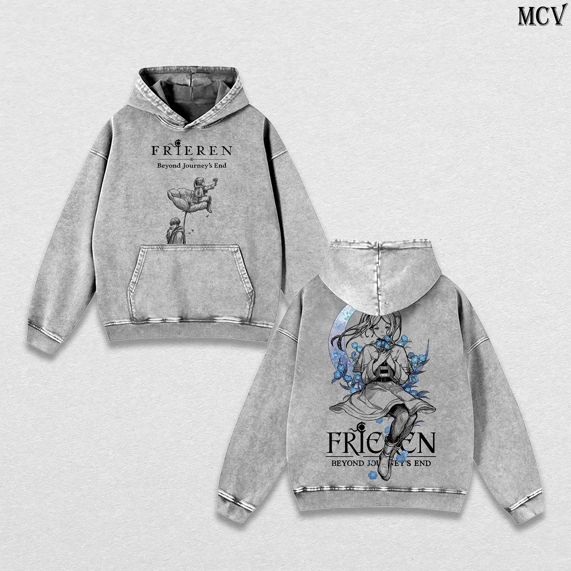 Blue Flower Frieren Hoodie – Beyond Journey’s End Vintage Washed Anime Hoodie Calm Aesthetic Streetwear