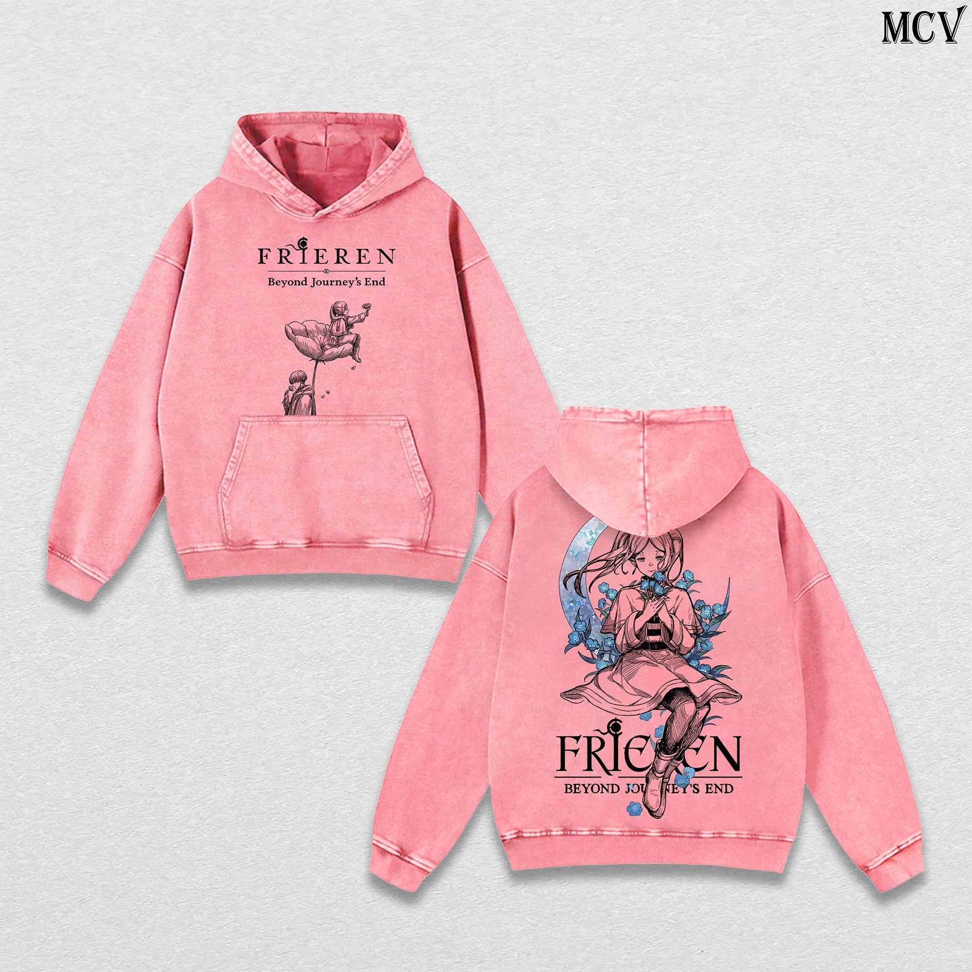 Blue Flower Frieren Hoodie – Beyond Journey’s End Vintage Washed Anime Hoodie Calm Aesthetic Streetwear
