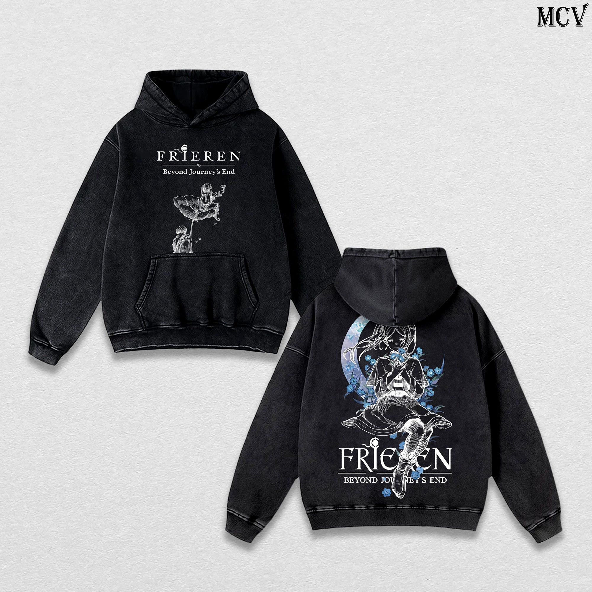 Blue Flower Frieren Hoodie – Beyond Journey’s End Vintage Washed Anime Hoodie Calm Aesthetic Streetwear