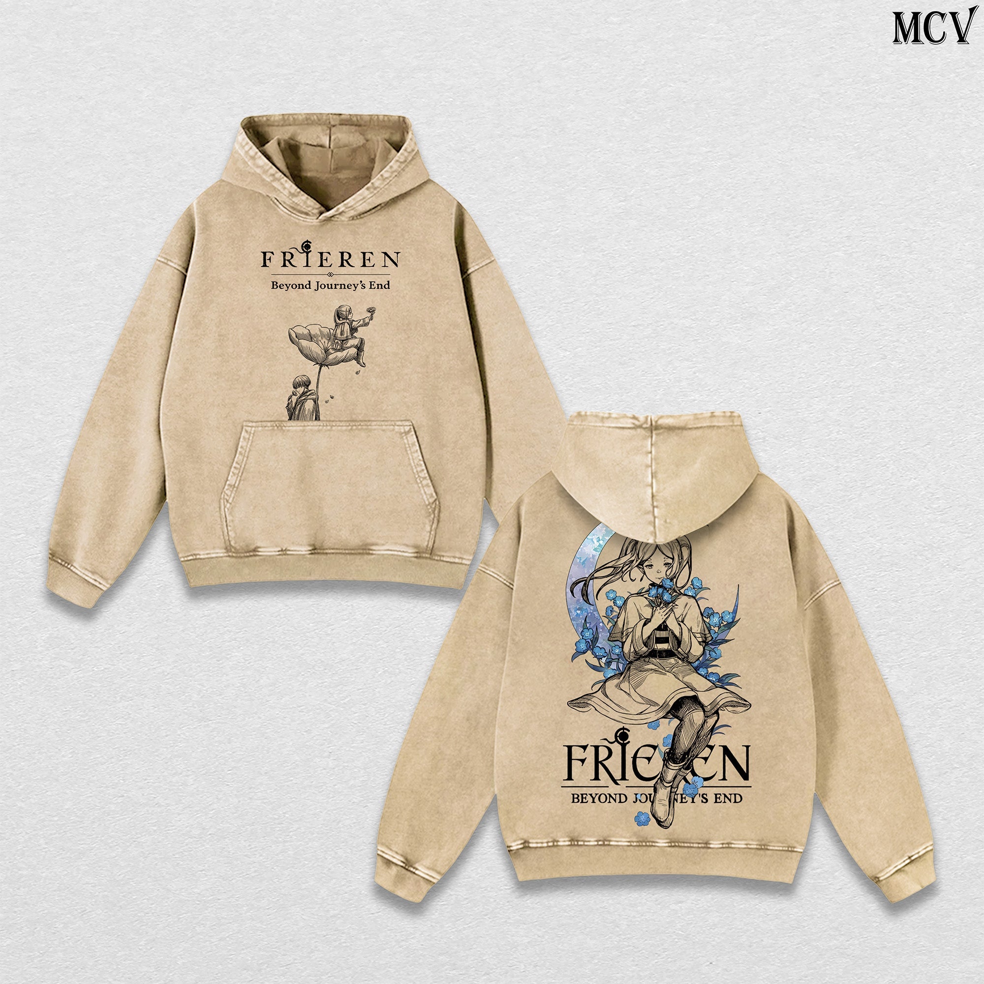 Blue Flower Frieren Hoodie – Beyond Journey’s End Vintage Washed Anime Hoodie Calm Aesthetic Streetwear