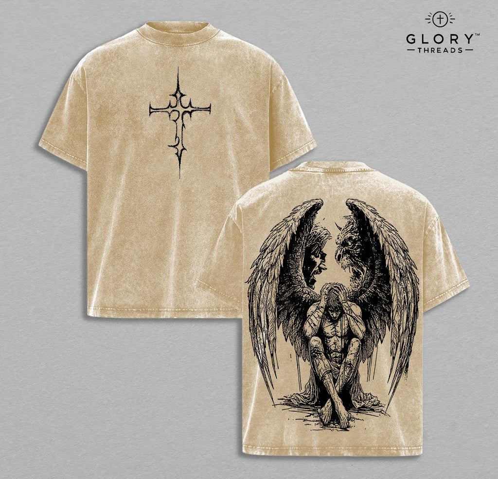 Tormented Angel Washed Tee – Fallen Gothic Heaven & Hell Streetwear