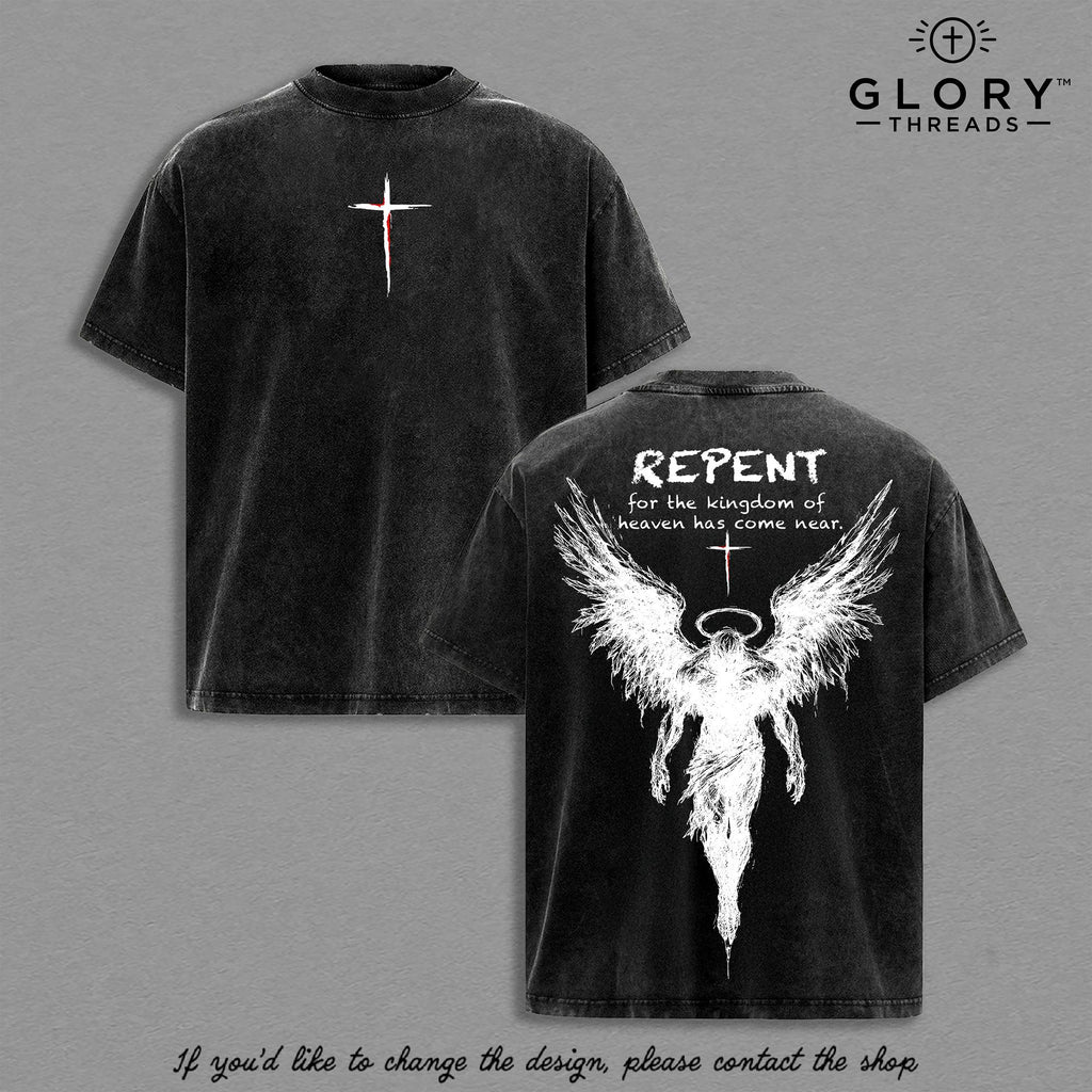 Repent Vintage Washed Tee – Angel Wings Christian Gospel Streetwear