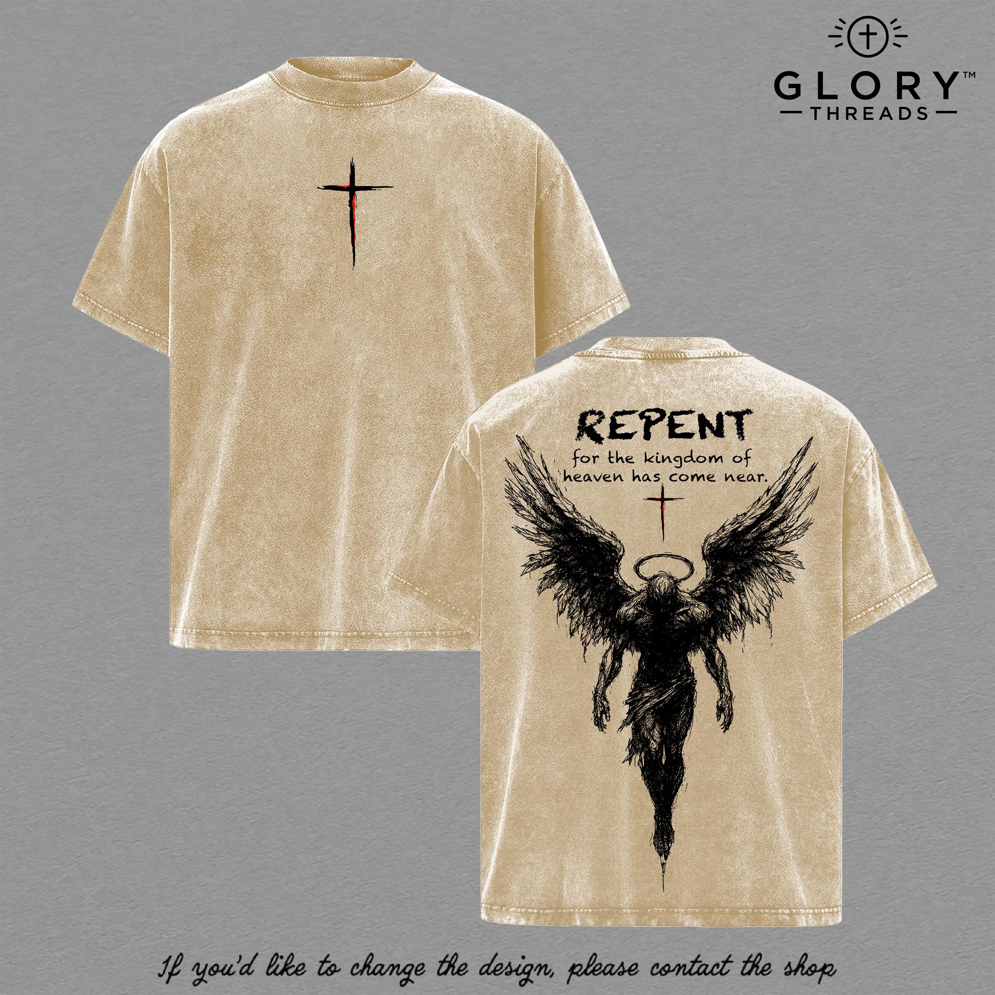 Repent Vintage Washed Tee – Angel Wings Christian Gospel Streetwear
