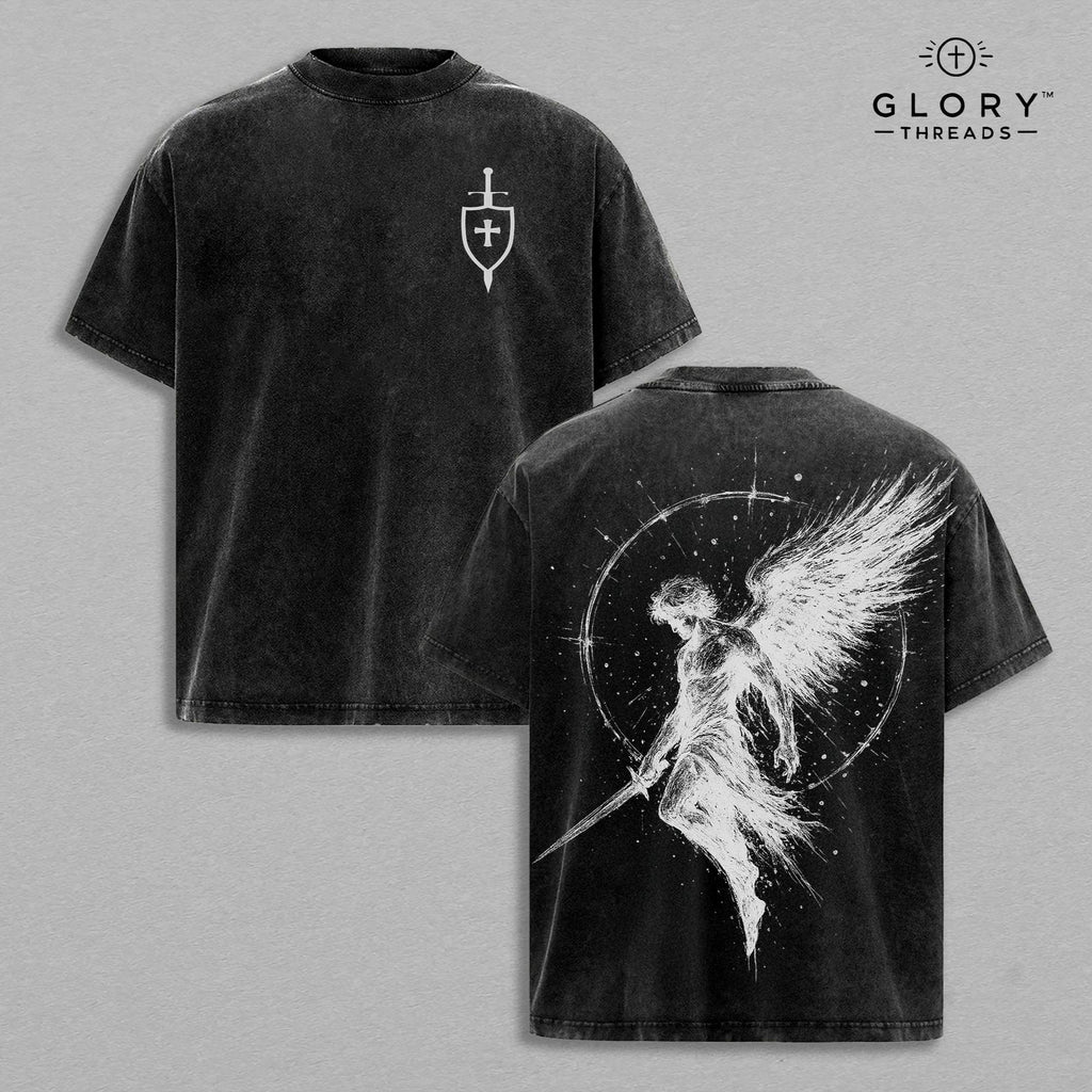 Sanctus Michael Washed Tee – Archangel Christian Faith Streetwear