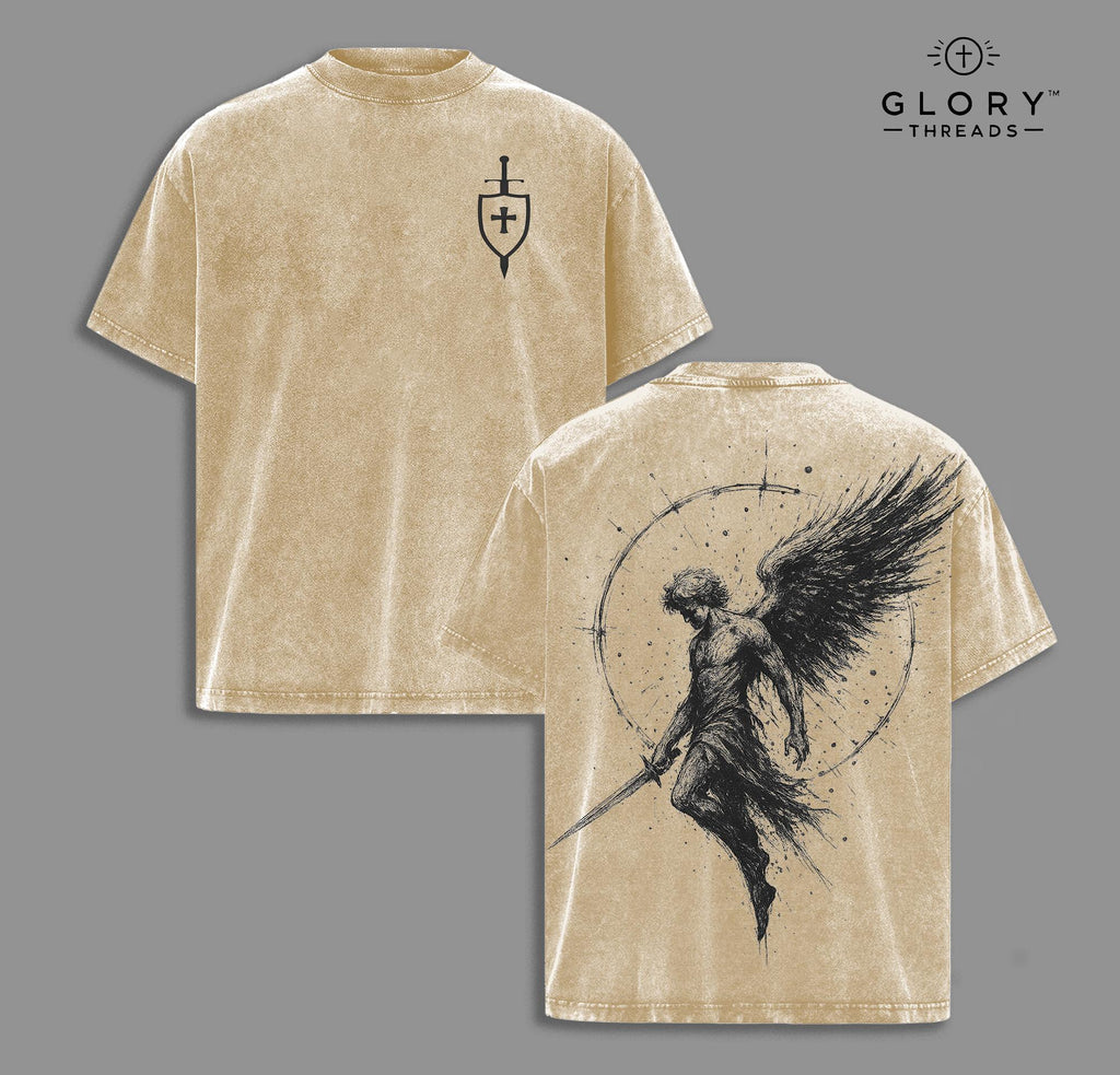 Sanctus Michael Washed Tee – Archangel Christian Faith Streetwear
