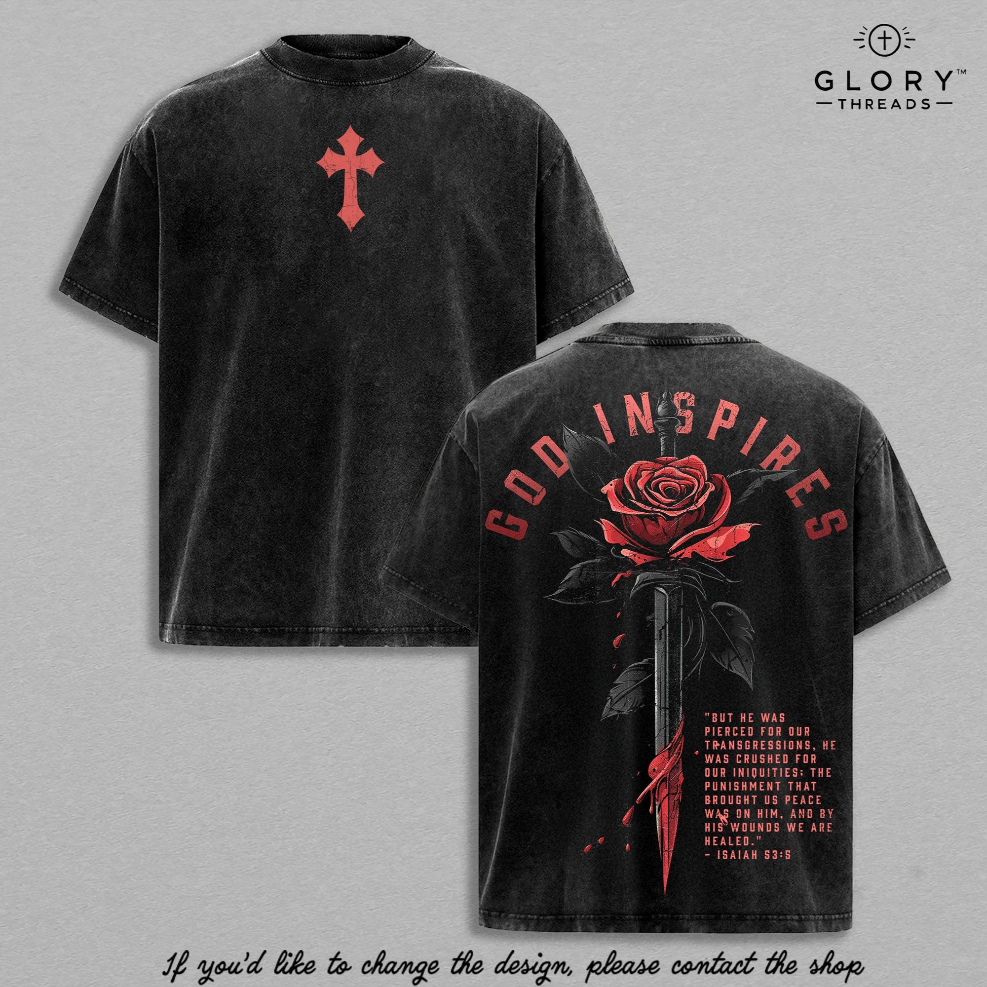 God Inspires Rose Sword Vintage Washed Tee - Isaiah 53:5 Christian