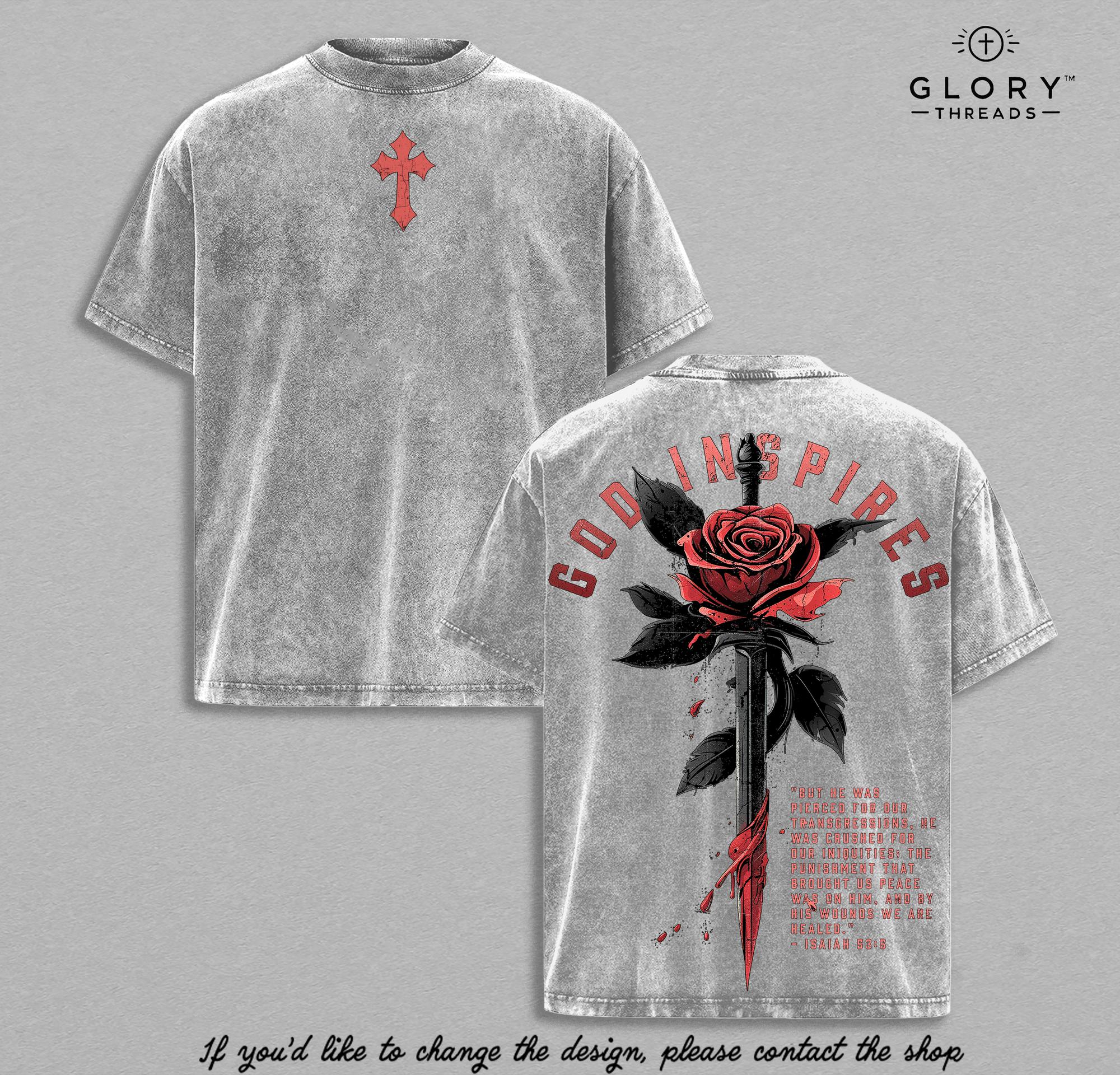 God Inspires Rose Sword Vintage Washed Tee - Isaiah 53:5 Christian