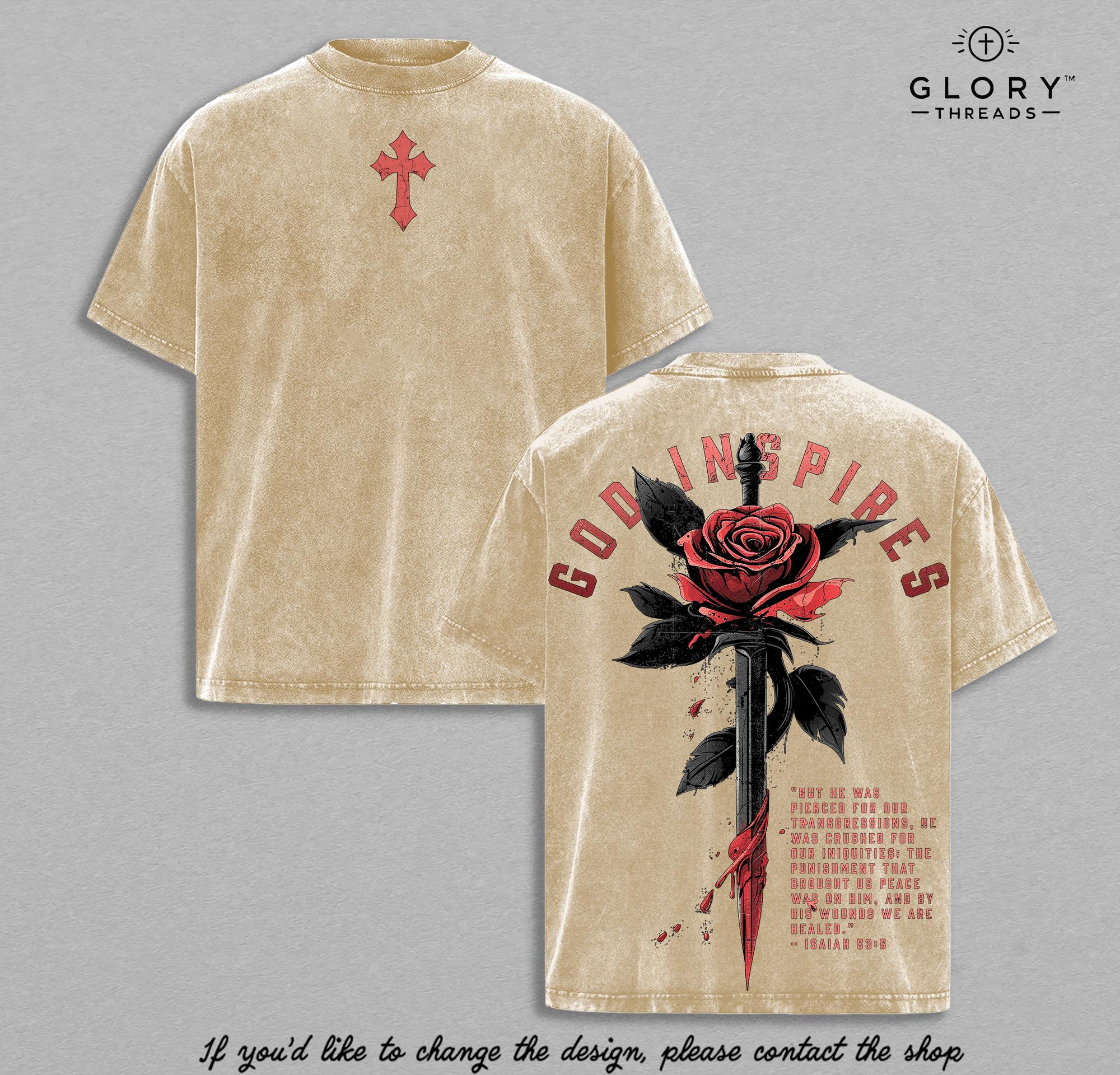 God Inspires Rose Sword Vintage Washed Tee - Isaiah 53:5 Christian
