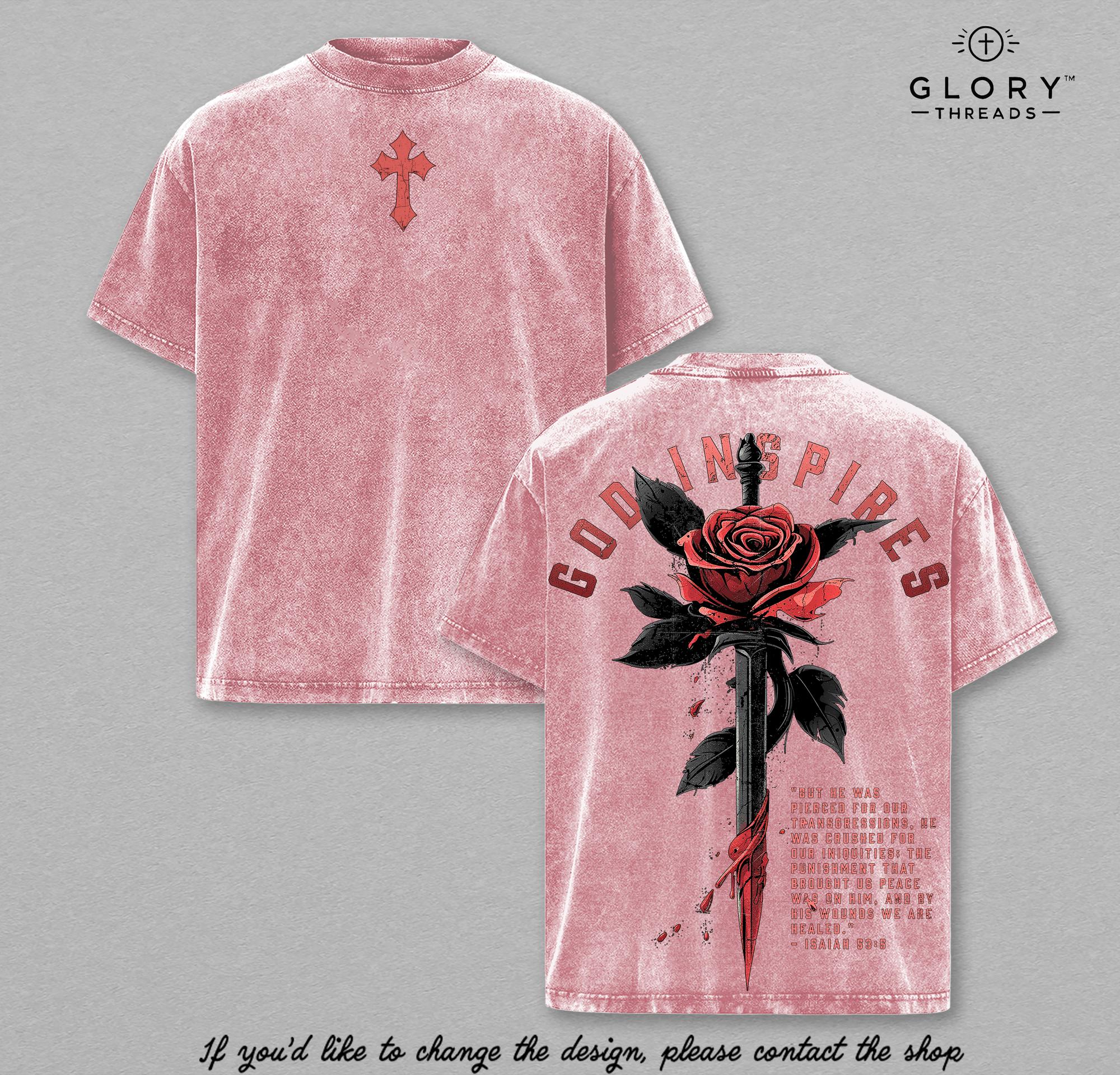 God Inspires Rose Sword Vintage Washed Tee - Isaiah 53:5 Christian