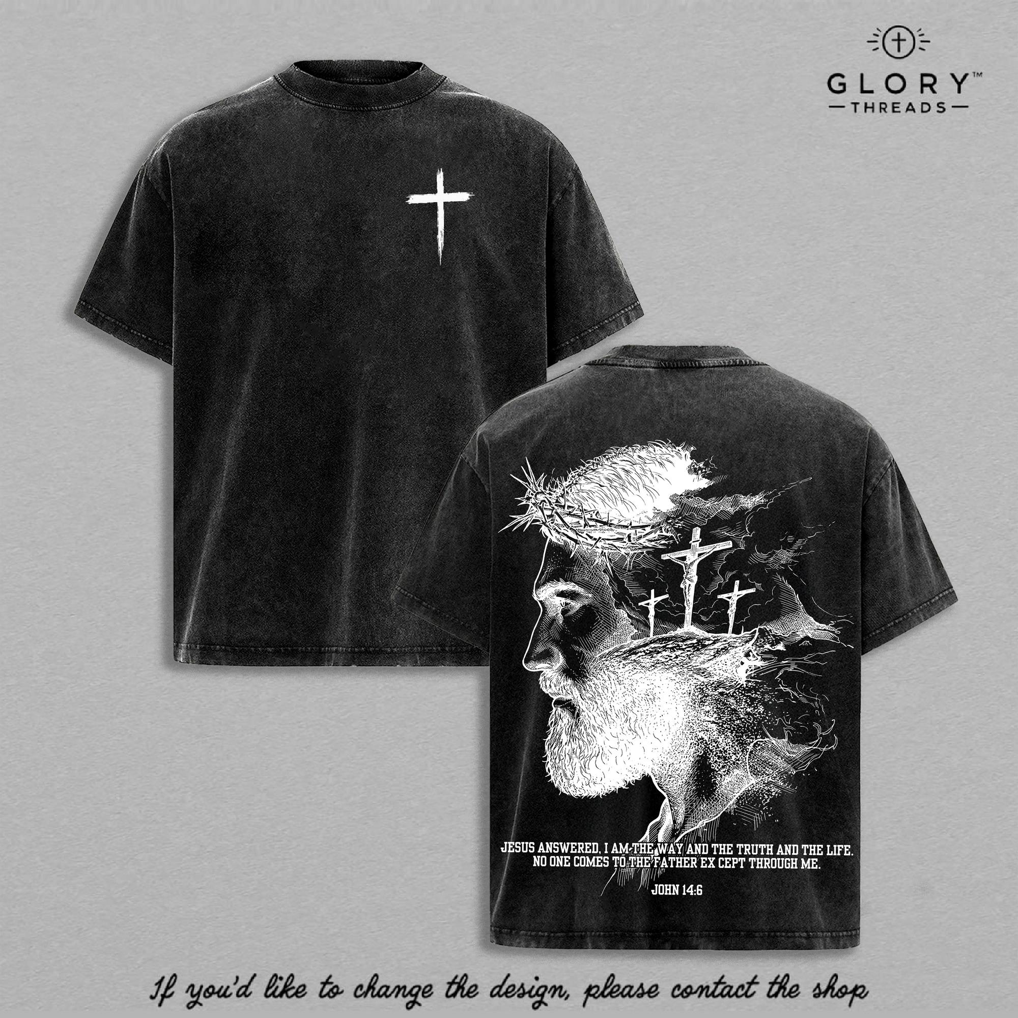 John 14:6 Vintage Washed Tee - Jesus Portrait Christian Graphic