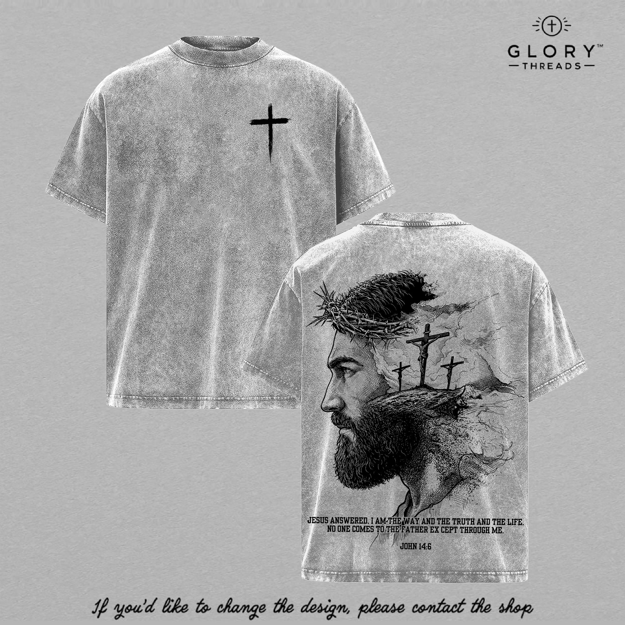 John 14:6 Vintage Washed Tee - Jesus Portrait Christian Graphic