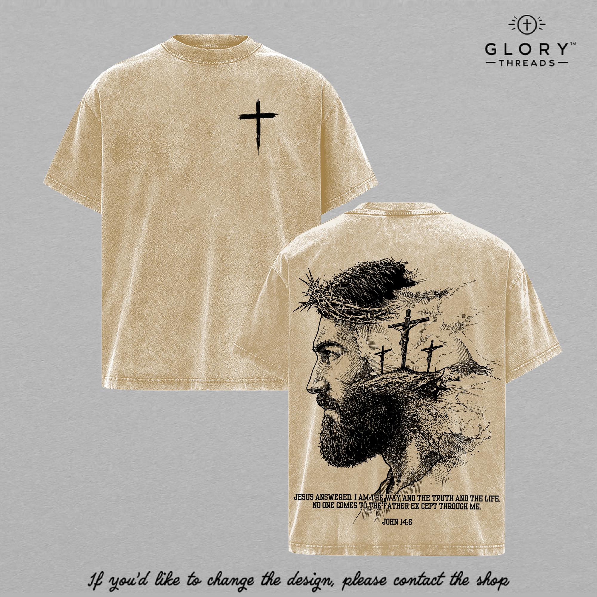 John 14:6 Vintage Washed Tee - Jesus Portrait Christian Graphic