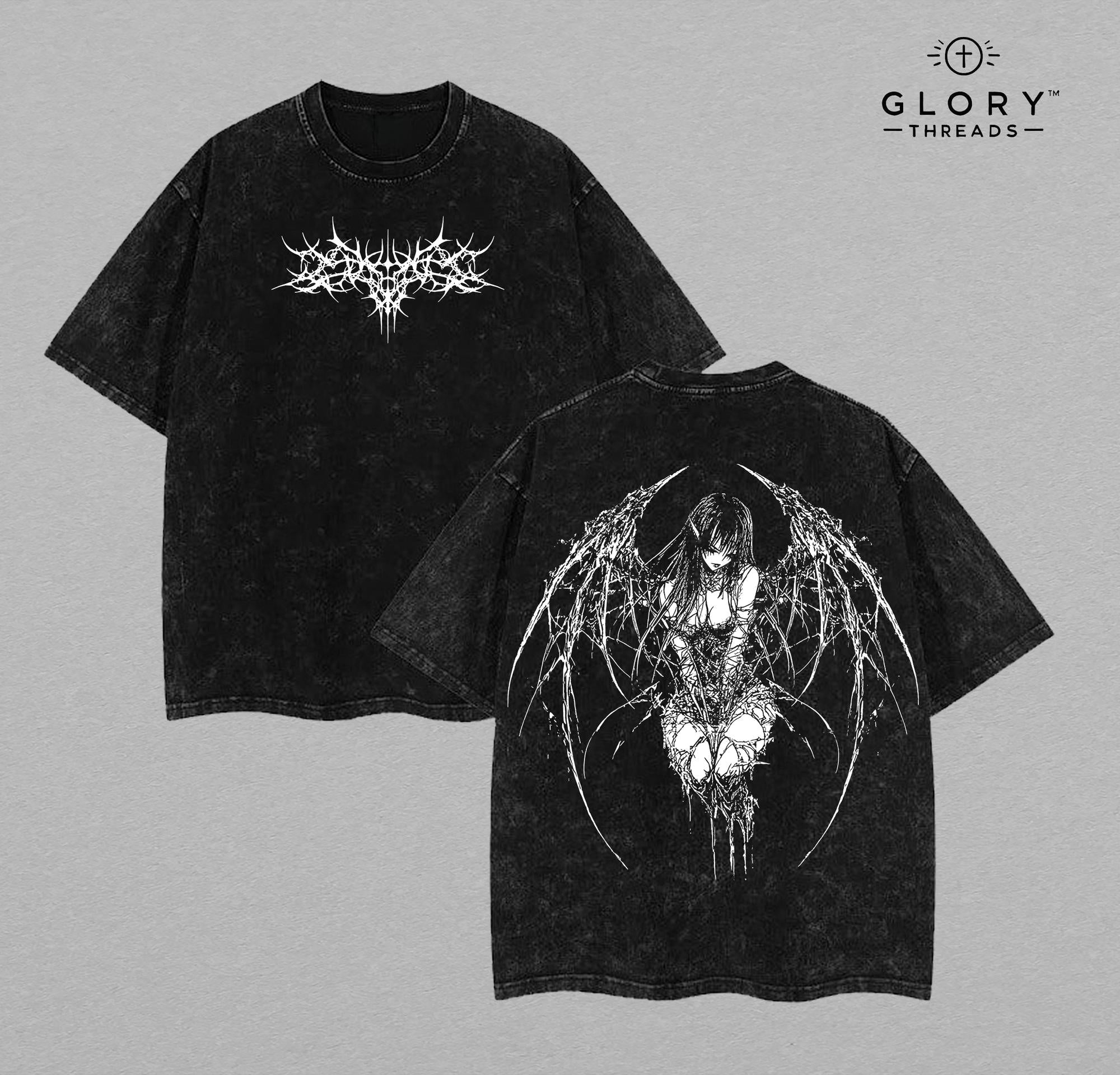 Gothic Y2K Anime Angel Washed Tee – Dark Aesthetic Streetwear Shirt