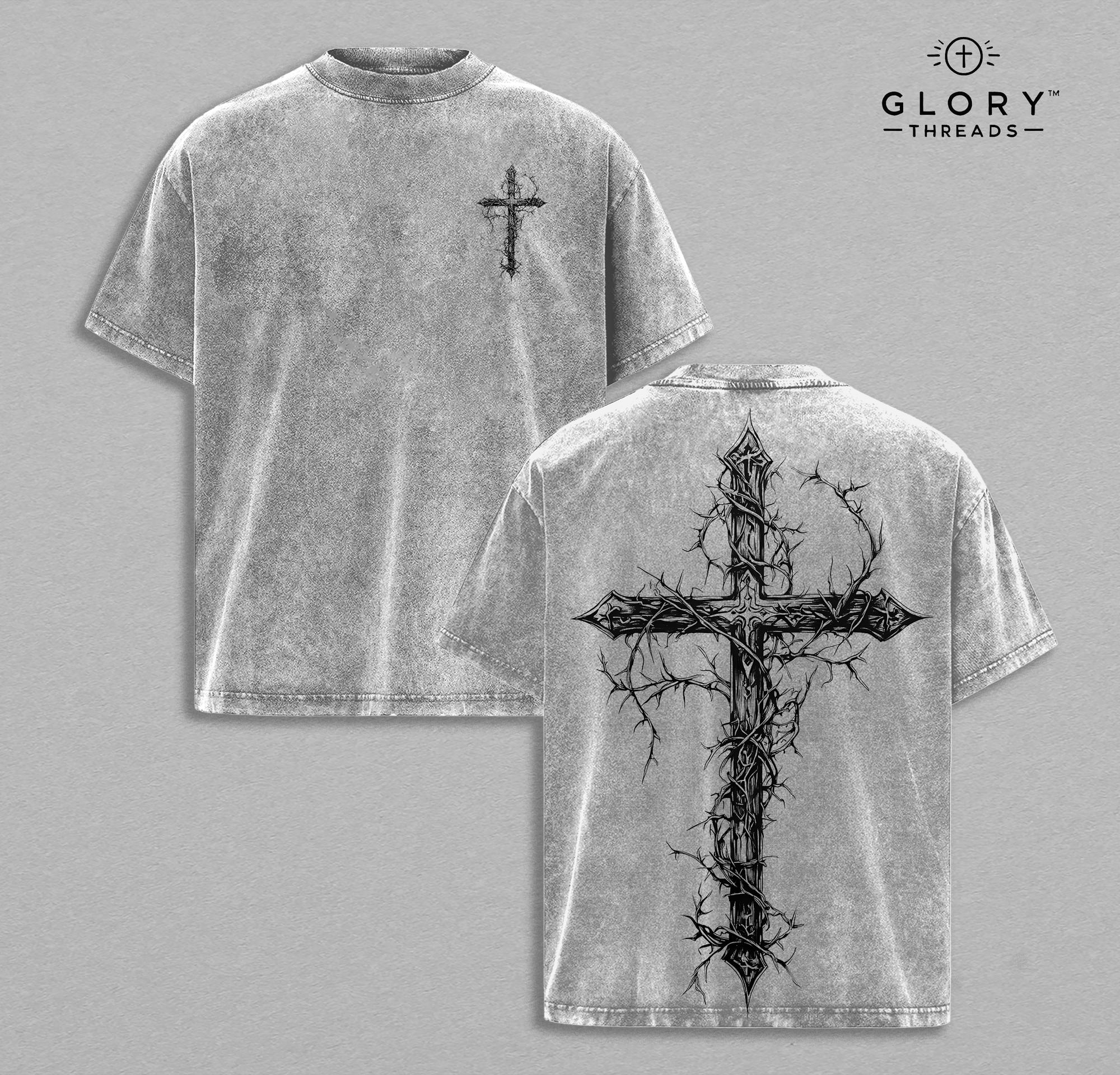 Thorn Cross Washed Tee – Gothic Christian Faith Streetwear Shirt