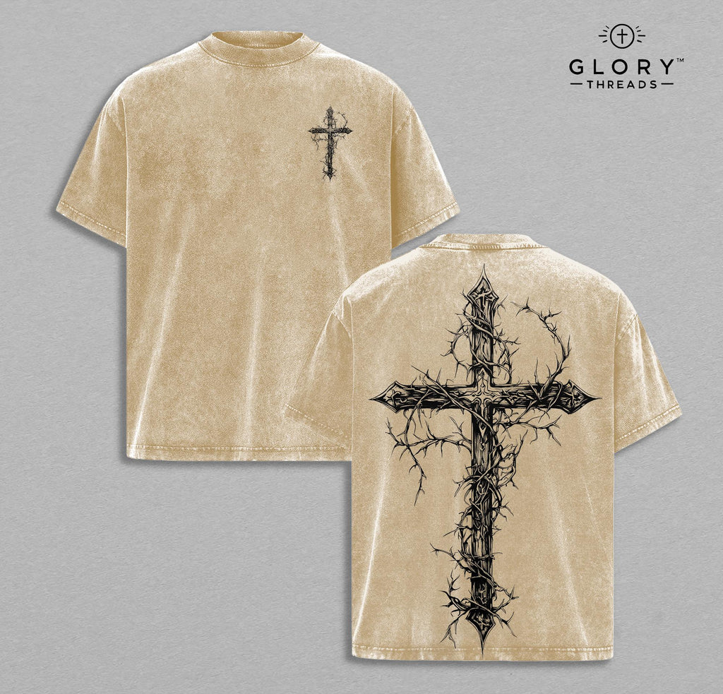 Thorn Cross Washed Tee – Gothic Christian Faith Streetwear Shirt